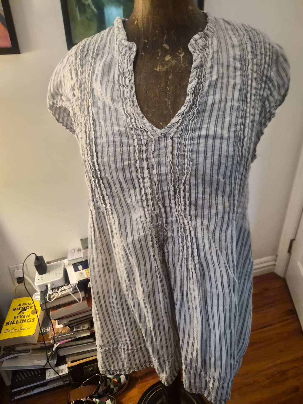Free People White & Gray Striped V-Neck Tunic